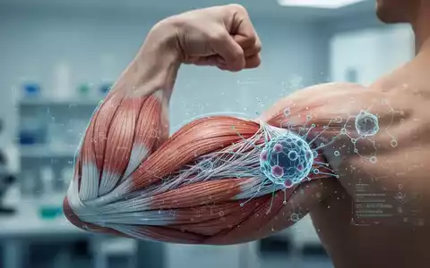 Nahaufnahme eines menschlichen Bizeps, der leicht angespannt ist, mit einer wissenschaftlichen Grafik, die Muskeln und Zellen darstellt. - Foto: über boerse-global.de