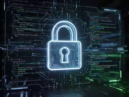 Ein stilisiertes, leuchtendes Vorhängeschloss-Symbol über einer digitalen Oberfläche mit abstraktem Code und Datenströmen. - Foto: über boerse-global.de