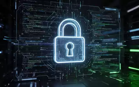 Ein stilisiertes, leuchtendes Vorhängeschloss-Symbol über einer digitalen Oberfläche mit abstraktem Code und Datenströmen. - Foto: über boerse-global.de