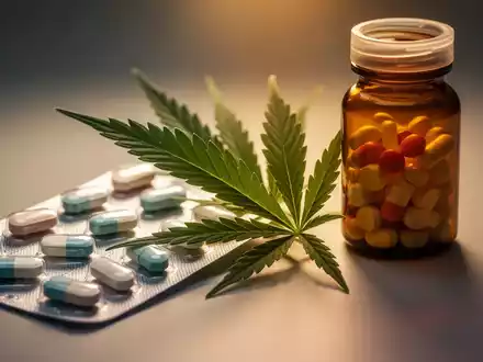 Ein Cannabisblatt, das subtil in eine pharmazeutische Umgebung integriert ist, mit einem warmen, beruhigenden Glanz. - Foto: über boerse-global.de