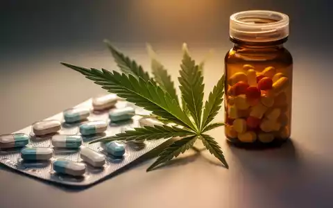 Ein Cannabisblatt, das subtil in eine pharmazeutische Umgebung integriert ist, mit einem warmen, beruhigenden Glanz. - Foto: über boerse-global.de