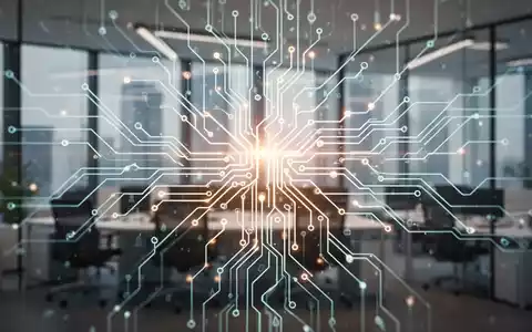 Ein stilisiertes, leuchtendes neuronales Netz überlagert ein modernes Büro, das die Digitalisierung und rechtliche Rahmenbedingungen darstellt. - Foto: über boerse-global.de