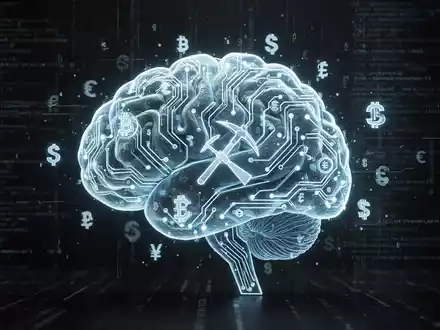 A stylized AI brain with circuit patterns, digital currency symbols, and a pickaxe, illustrating malicious AI and crypto-mining. - Foto: über boerse-global.de