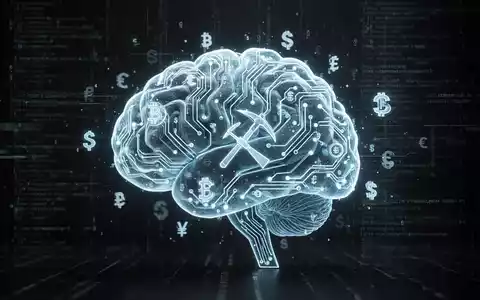 A stylized AI brain with circuit patterns, digital currency symbols, and a pickaxe, illustrating malicious AI and crypto-mining. - Foto: über boerse-global.de