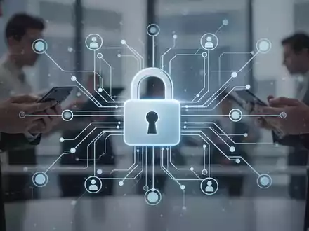 A digital padlock icon over a network of data flow, with blurred figures using smartphones in the background. - Foto: über boerse-global.de