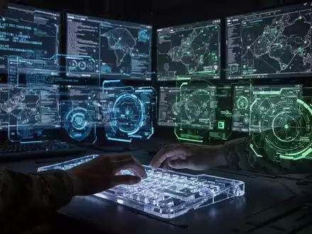 A shadowy military command center with screens showing encrypted data and maps. A hand types on a transparent keyboard. - Foto: über boerse-global.de
