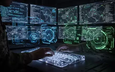 A shadowy military command center with screens showing encrypted data and maps. A hand types on a transparent keyboard. - Foto: ĂŒber boerse-global.de