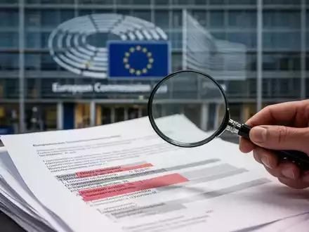 Eine Hand hält eine Lupe über geschwärzte Dokumente, mit dem unscharfen Kommissionsgebäude im Hintergrund, symbolisiert Transparenzprobleme. - Foto: über boerse-global.de