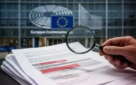 Eine Hand hält eine Lupe über geschwärzte Dokumente, mit dem unscharfen Kommissionsgebäude im Hintergrund, symbolisiert Transparenzprobleme. - Foto: über boerse-global.de