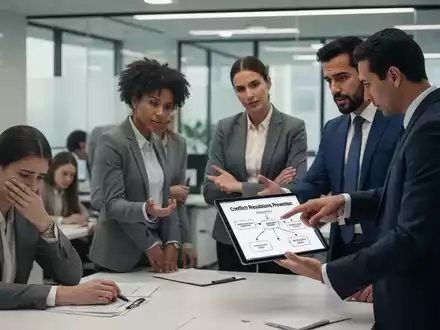 Eine Gruppe von Büroangestellten, einige wirken gestresst, andere in einem unterstützenden Gespräch mit einer Führungskraft, die auf ein Tablet zeigt. - Foto: über boerse-global.de