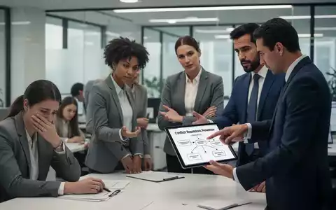 Eine Gruppe von Büroangestellten, einige wirken gestresst, andere in einem unterstützenden Gespräch mit einer Führungskraft, die auf ein Tablet zeigt. - Foto: über boerse-global.de