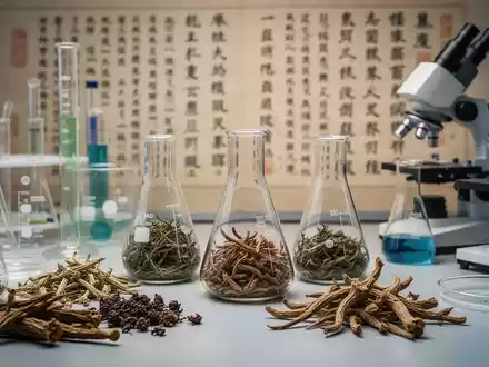 Eine moderne Laborumgebung mit TCM-Kräutern und wissenschaftlichen Geräten, im Hintergrund unscharf traditionelle chinesische Texte. - Foto: über boerse-global.de