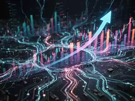 A glowing digital neural network intertwined with financial charts and upward-trending arrows, representing investment in AI infrastructure. - Foto: über boerse-global.de