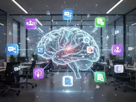 An abstract, glowing neural network connecting icons representing various productivity applications like video conferencing, project management, and documents. - Foto: über boerse-global.de