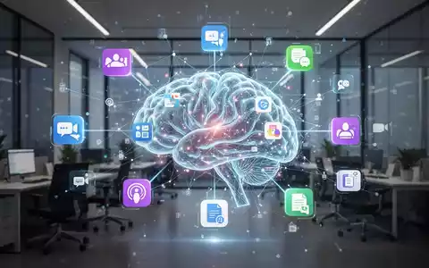 An abstract, glowing neural network connecting icons representing various productivity applications like video conferencing, project management, and documents. - Foto: über boerse-global.de