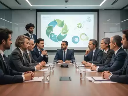 Fachleute diskutieren auf einer Konferenz über Arbeitssicherheit und Umweltschutz, mit einem Bildschirm im Hintergrund, der relevante Grafiken zeigt. - Foto: über boerse-global.de