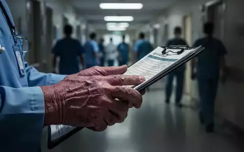 Nahaufnahme der Hände einer Pflegekraft, die Erschöpfung und Belastung in einer geschäftigen Krankenhausumgebung widerspiegeln. - Foto: über boerse-global.de