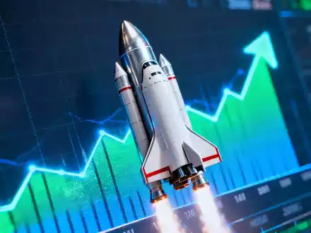 Eine futuristische Rakete startet vor einem stilisierten Börsenticker, der einen Aufwärtstrend anzeigt, mit blauen und grünen Elementen. - Foto: über boerse-global.de