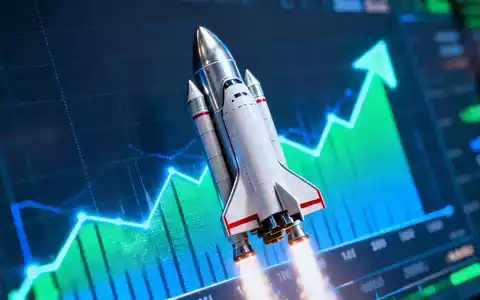 Eine futuristische Rakete startet vor einem stilisierten Börsenticker, der einen Aufwärtstrend anzeigt, mit blauen und grünen Elementen. - Foto: über boerse-global.de