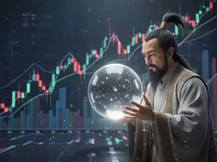 Ein Sensei-Charakter, der eine Glaskugel betrachtet, mit einem digitalen Diagramm eines steigenden Aktienkurses im Hintergrund. - Foto: über boerse-global.de