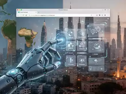 A hand interacts with a holographic Chrome browser showing AI image editing tools, with global city skylines in the background. - Foto: über boerse-global.de