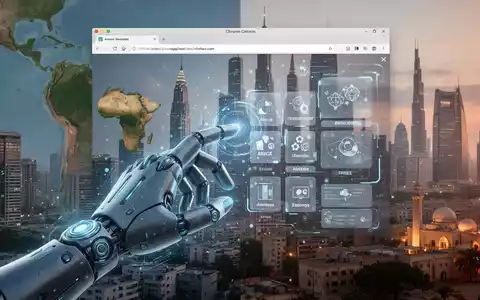 A hand interacts with a holographic Chrome browser showing AI image editing tools, with global city skylines in the background. - Foto: über boerse-global.de