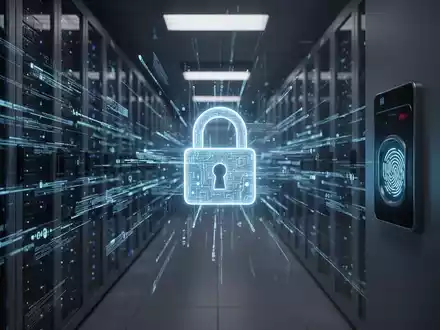 A dark server room with blue light, a digital lock icon on a scanner, symbolizing AI national security threats and oversight. - Foto: über boerse-global.de