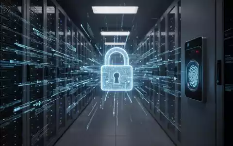 A dark server room with blue light, a digital lock icon on a scanner, symbolizing AI national security threats and oversight. - Foto: über boerse-global.de