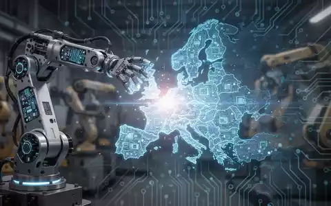 A sophisticated robotic arm with AI elements extends towards a digital map of Europe, set against a backdrop of blurred technology. - Foto: über boerse-global.de