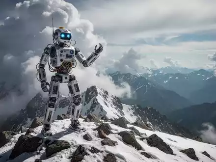 A humanoid robot on a snowy mountain summit, illustrating its successful ascent in an extreme high-altitude environment. - Foto: über boerse-global.de