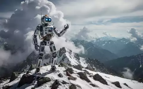 A humanoid robot on a snowy mountain summit, illustrating its successful ascent in an extreme high-altitude environment. - Foto: über boerse-global.de