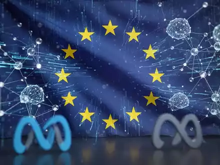 Eine stilisierte Darstellung der EU-Flagge über digitalen Datenströmen und KI-Netzwerkknoten, mit Metas Logo-Elementen im Vordergrund. - Foto: über boerse-global.de