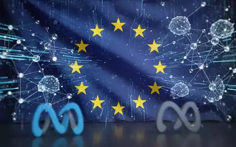 Eine stilisierte Darstellung der EU-Flagge über digitalen Datenströmen und KI-Netzwerkknoten, mit Metas Logo-Elementen im Vordergrund. - Foto: über boerse-global.de
