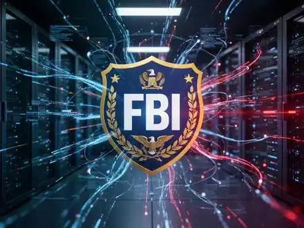 A digital network with glowing lines connecting servers, an FBI shield icon prominent in the foreground, symbolizing a cybersecurity operation. - Foto: über boerse-global.de
