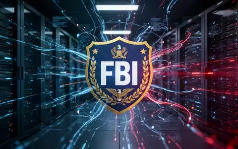 A digital network with glowing lines connecting servers, an FBI shield icon prominent in the foreground, symbolizing a cybersecurity operation. - Foto: über boerse-global.de