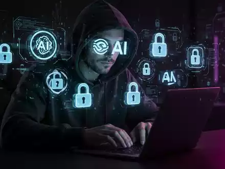 A shadowy figure in a hoodie typing on a laptop, surrounded by glowing holographic AI logos and digital lock icons. - Foto: über boerse-global.de