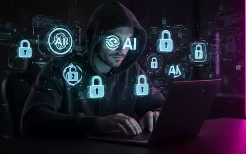 A shadowy figure in a hoodie typing on a laptop, surrounded by glowing holographic AI logos and digital lock icons. - Foto: über boerse-global.de