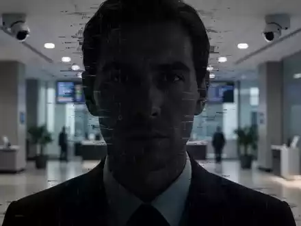 A shadowy figure's face with a digital glitch effect, symbolizing AI deepfake fraud targeting financial institutions. - Foto: über boerse-global.de