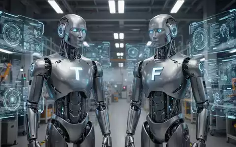 Two advanced humanoid robots, one representing Tesla Optimus and the other Figure 02, in a futuristic factory setting. - Foto: über boerse-global.de