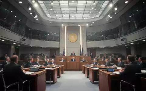Ein moderner, heller Plenarsaal mit verschwommenen Abgeordneten, die eine parlamentarische Debatte über ein Gesetz führen. - Foto: über boerse-global.de
