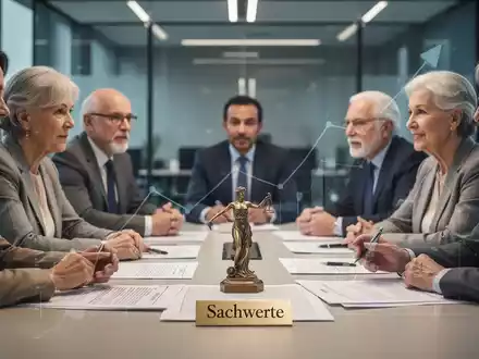 Eine Gruppe von Menschen unterschiedlichen Alters diskutiert an einem Tisch mit Dokumenten und einer Skulptur, die Sachwerte symbolisiert. - Foto: über boerse-global.de
