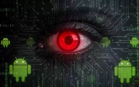 Ein bedrohliches, rot leuchtendes KI-Auge inmitten eines dunklen, digitalen Schaltkreis-Musters mit Android-Symbolen. - Foto: über boerse-global.de