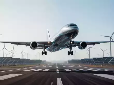 Ein futuristisches Frachtflugzeug hebt von einer Startbahn ab, im Hintergrund Windturbinen und Solarpaneele. Symbolisiert CO2-Reduktion im Transportwesen. - Foto: über boerse-global.de