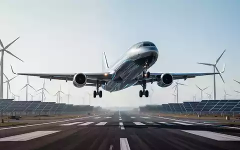 Ein futuristisches Frachtflugzeug hebt von einer Startbahn ab, im Hintergrund Windturbinen und Solarpaneele. Symbolisiert CO2-Reduktion im Transportwesen. - Foto: über boerse-global.de