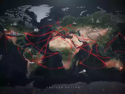 Eine stilisierte Weltkarte mit roten Linien, die gestörte globale Handelsrouten und Lieferketten darstellen, umgeben von abstrakten Elementen geopolitischer Konflikte. - Foto: über boerse-global.de