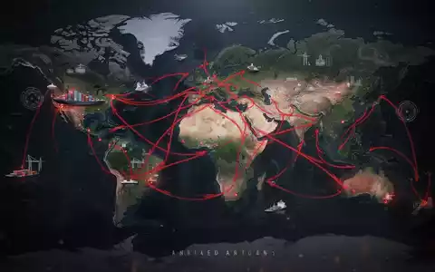 Eine stilisierte Weltkarte mit roten Linien, die gestörte globale Handelsrouten und Lieferketten darstellen, umgeben von abstrakten Elementen geopolitischer Konflikte. - Foto: über boerse-global.de