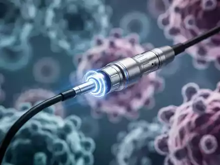 Ein medizinisches Endoskop mit Ultraschallwandler, der ein blaues Licht ausstrahlt, vor verschwommenen Zellstrukturen. - Foto: über boerse-global.de