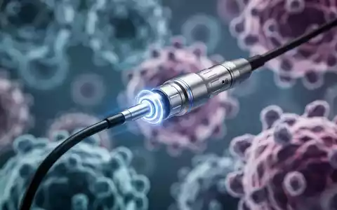 Ein medizinisches Endoskop mit Ultraschallwandler, der ein blaues Licht ausstrahlt, vor verschwommenen Zellstrukturen. - Foto: über boerse-global.de