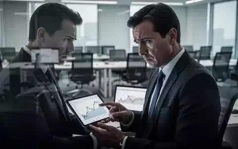 Ein besorgter Geschäftsmann in einem Büro blickt auf ein Tablet mit Wirtschaftsgrafiken; leere Bürostühle im Hintergrund. - Foto: über boerse-global.de