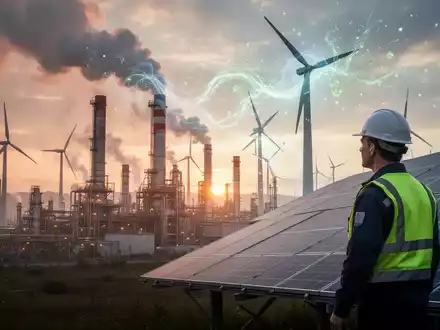 Eine weitläufige Industrielandschaft bei Sonnenaufgang, in der Fabrikschornsteine saubere Energie und Windturbinen symbolisieren. - Foto: über boerse-global.de